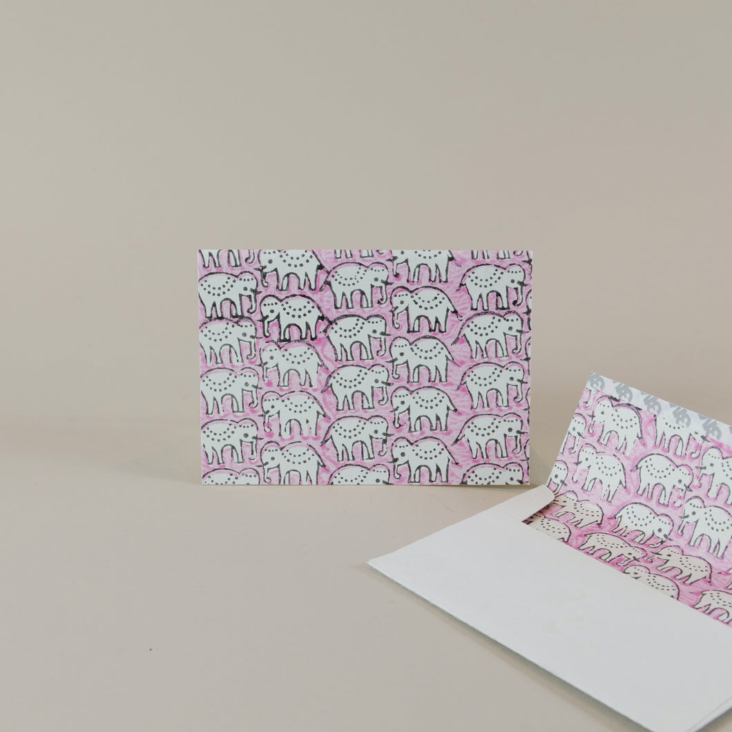 Block Printed Elephant Card with Envelope - Pink